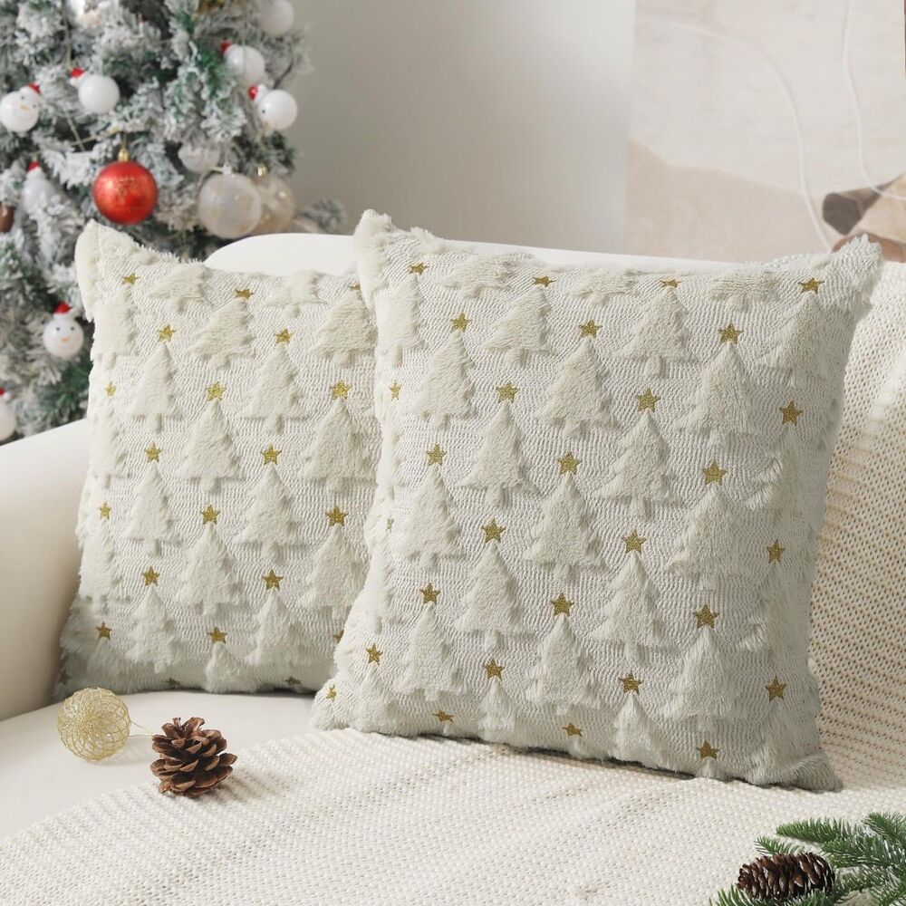 Set of 2, 18 x 18 inch Cream White Christmas Tree Pillow Covers